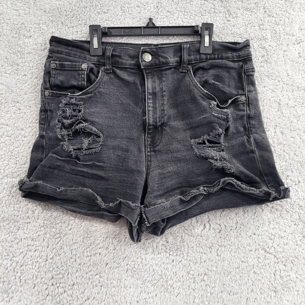 Aeropostale Mom Short Women 12 Black Distressed High Waisted Raw Hem Denim